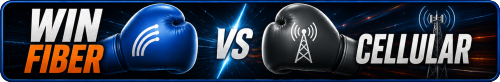 WIN Fiber vs Cellular banner featuring boxing gloves, highlighting the comparison between dedicated fiber internet and cellular internet service.
