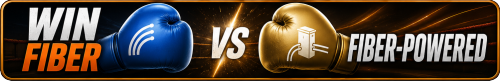 WIN Fiber vs Fiber-Powered banner featuring boxing gloves, comparing true fiber-to-the-home internet with fiber-powered internet service.