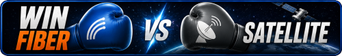 WIN Fiber vs Satellite banner featuring boxing gloves, comparing fiber internet with satellite internet service.