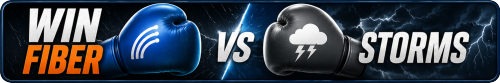 WIN Fiber vs Storms banner featuring boxing gloves, highlighting the reliability of fiber internet during severe weather.