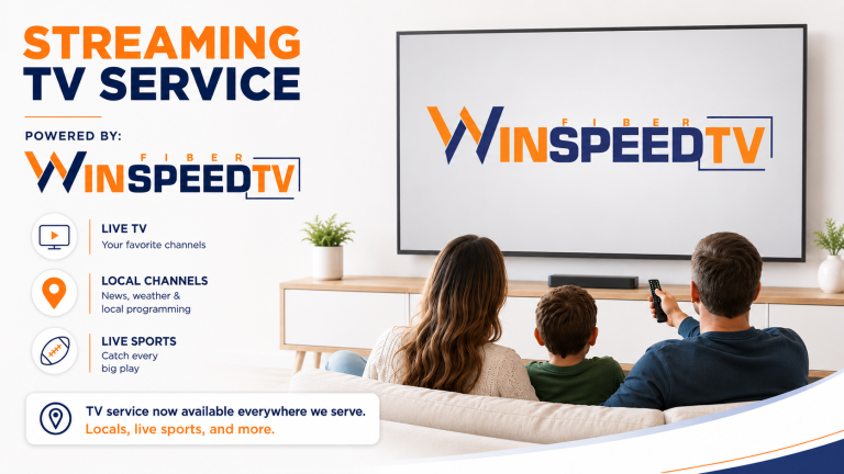Family relaxing on a couch watching WINSpeedTV streaming television service, highlighting live TV, local channels, live sports, and availability throughout the Western Iowa Networks service area.