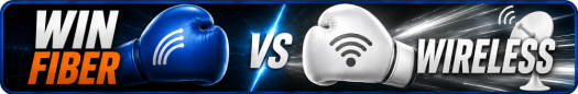 WIN Fiber vs Wireless banner featuring boxing gloves, comparing fiber internet with wireless internet service.